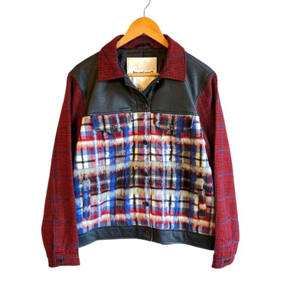 Desigual Ingrid Trucker Jacket US L Plush Tartan Faux Leather Trim Blue - Picture 3 of 16